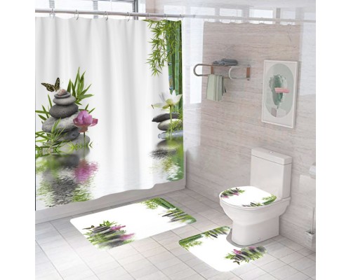 Комплект ковриков для ванной и туалета со шторкой (Дзен камень и вода)